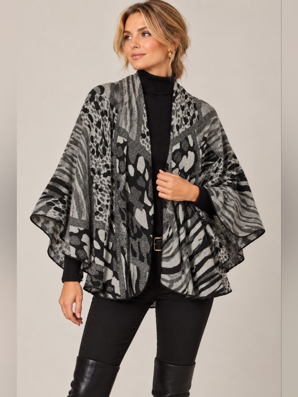 RAPTI FASHION 100% CASHMERE ANIMAL PRINT SHAWL WRAP CAPE BLACK GRAY